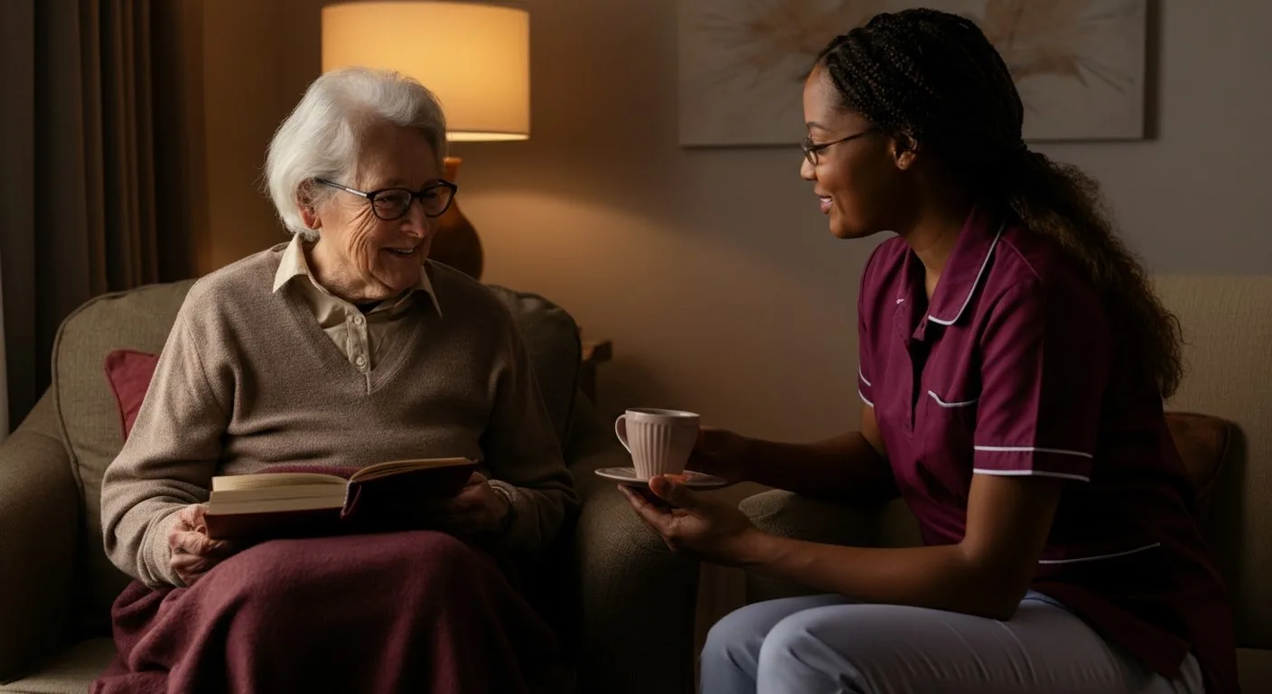 Smiling caregiver brings tea and companionship to a senior woman at home.