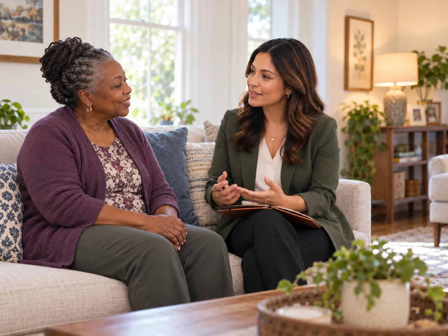 Female mental health counselor discussing emotional well-being with a senior woman